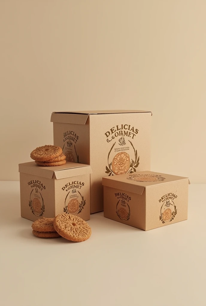 (photorealism:1.2), Make corrugated cardboard boxes with the company name and cookie design on them.. company "DELICIAS GOURMET SA" and Whole grain nut cookies