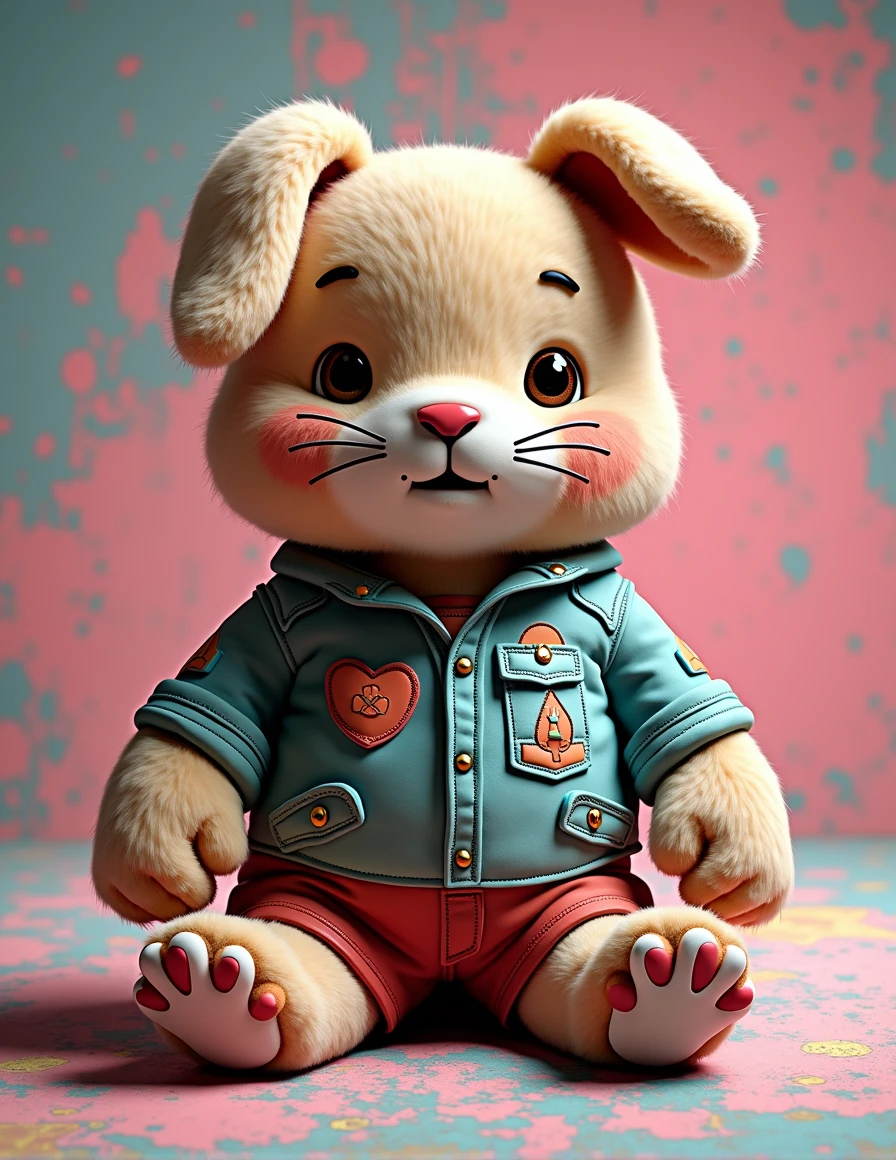 Design a 3D plush-style chubby cute rabbit (standing) character with a soft, furry texture. The character should have a distressed, vintage look with patches and stitches, and feature a muted, sepia-toned color palette, Vaporwave color