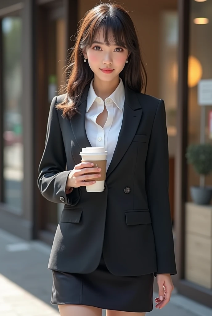 best quality, 8k, very delicate and beautiful, highly detailed face and skin texture, shiny skin, high resolution, beautiful japanese girl in suit and tight skirt standing in front of building, grab a coffee cup, full body, sharp focus