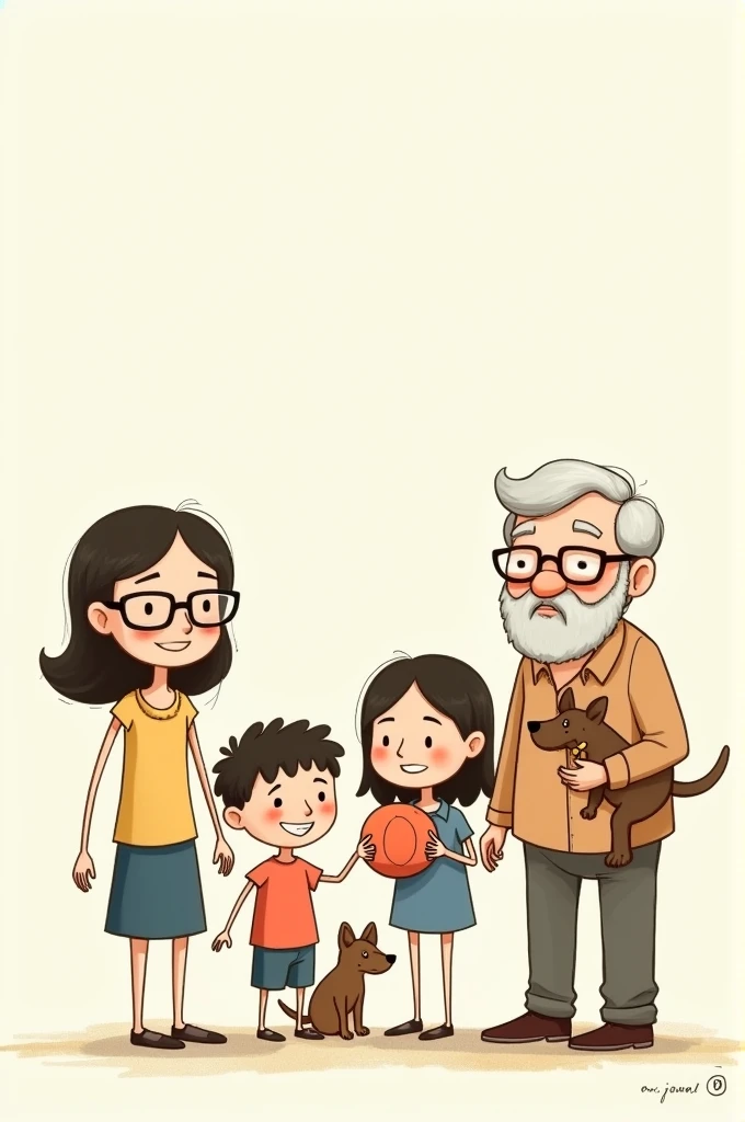 Image of a mom with glasses , an older brother without glasses with a ball, a middle sister with glasses carrying a dog , a younger brother , A grandma. Stick figure cartoon