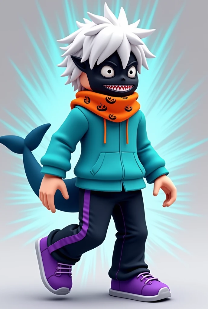 crie in Roblox style, with short white hair, with cyan hoodie and shark tail, with black pants with purple stripes and purple sneakers, a black face mask with fangs and an orange scarf with pumpkins printed on it , and blue ray effects around
