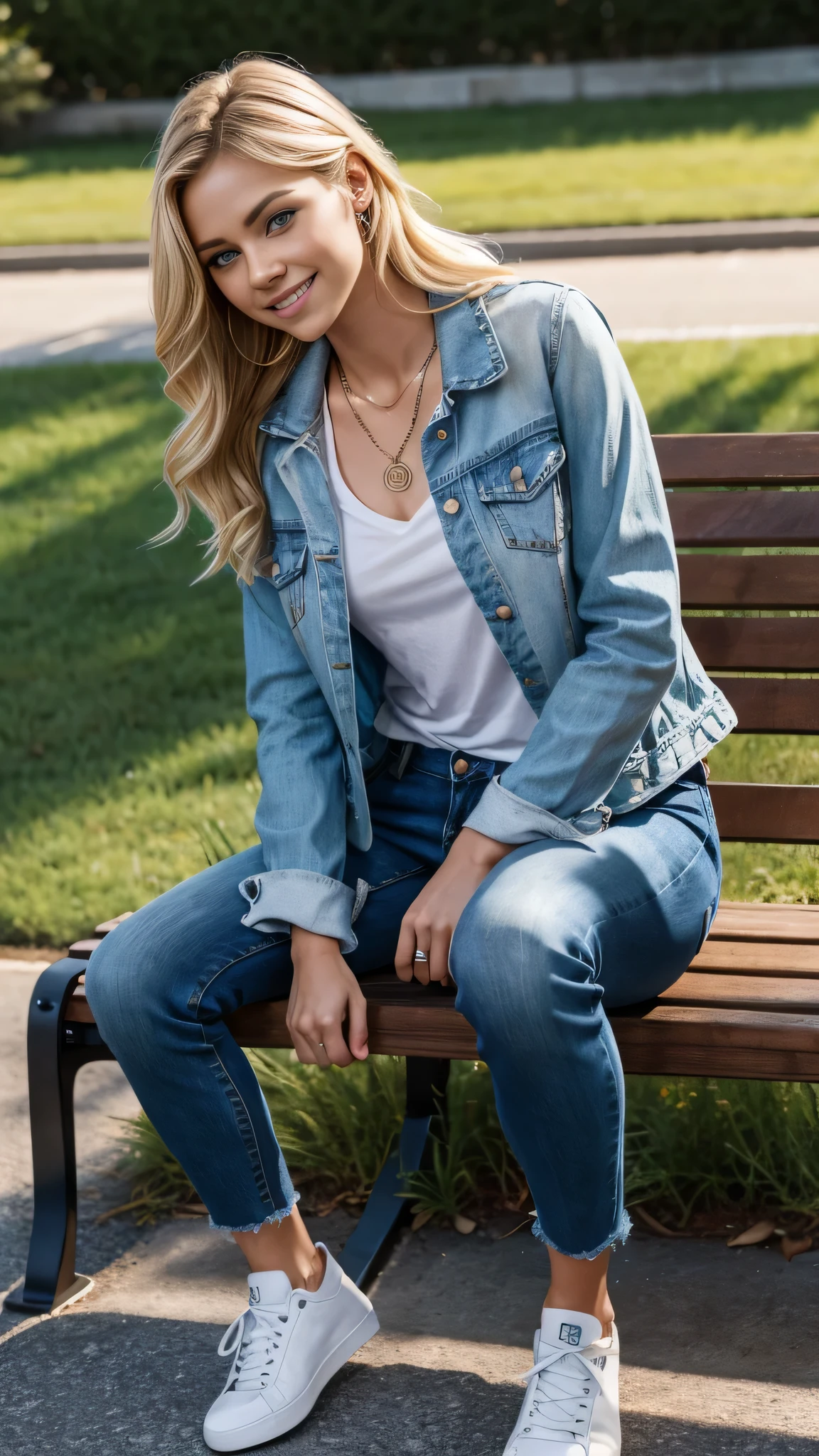 Super Resolution、Beautiful Caucasian Woman、Full body photo、sitting on a park bench、Blonde Hair、blue eyes、Wavy Hair、ear piercing、necklace、leather jacket、shirt、Skinny jeans、sneakers、Closed mouth smile、
