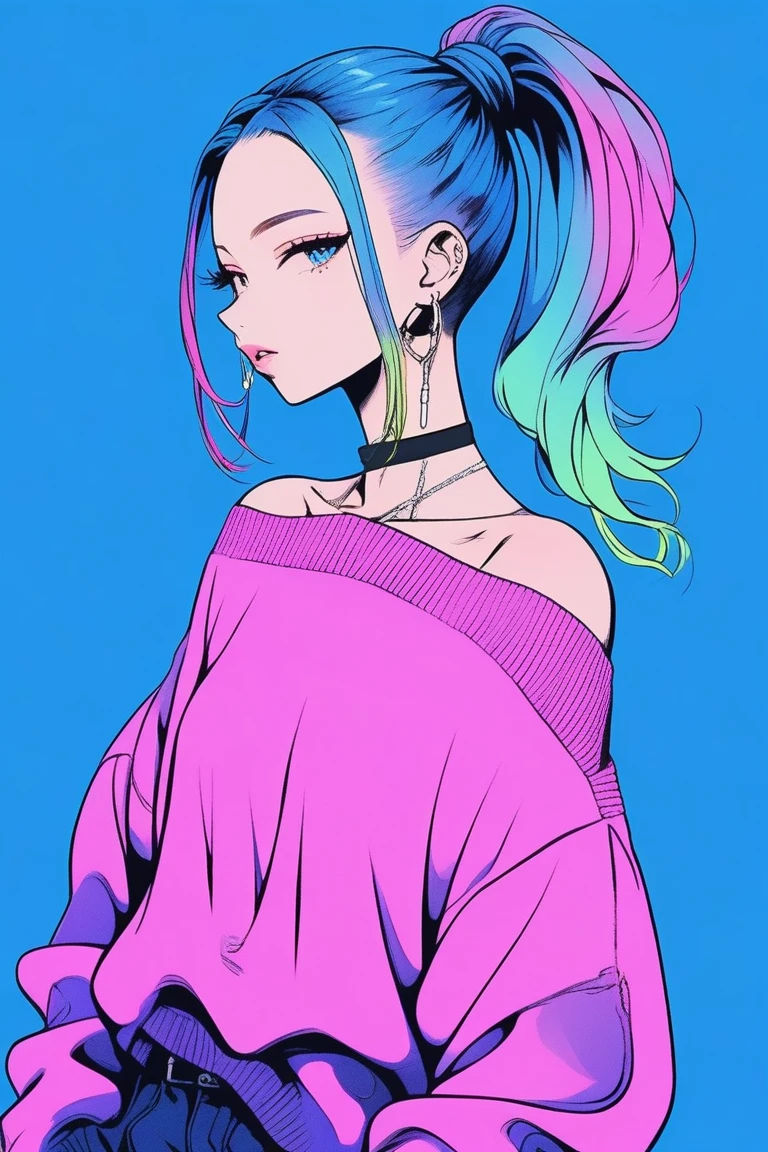 Illustrator, anime , Realistic ,sketch , 1 person, ,lip, Off-the-shoulder sweater, (((whole body))), order, Blue gradient background, Neon Ponytail Hair,Texture Trim, Canadian, (masterpiece,Highest quality) cancer