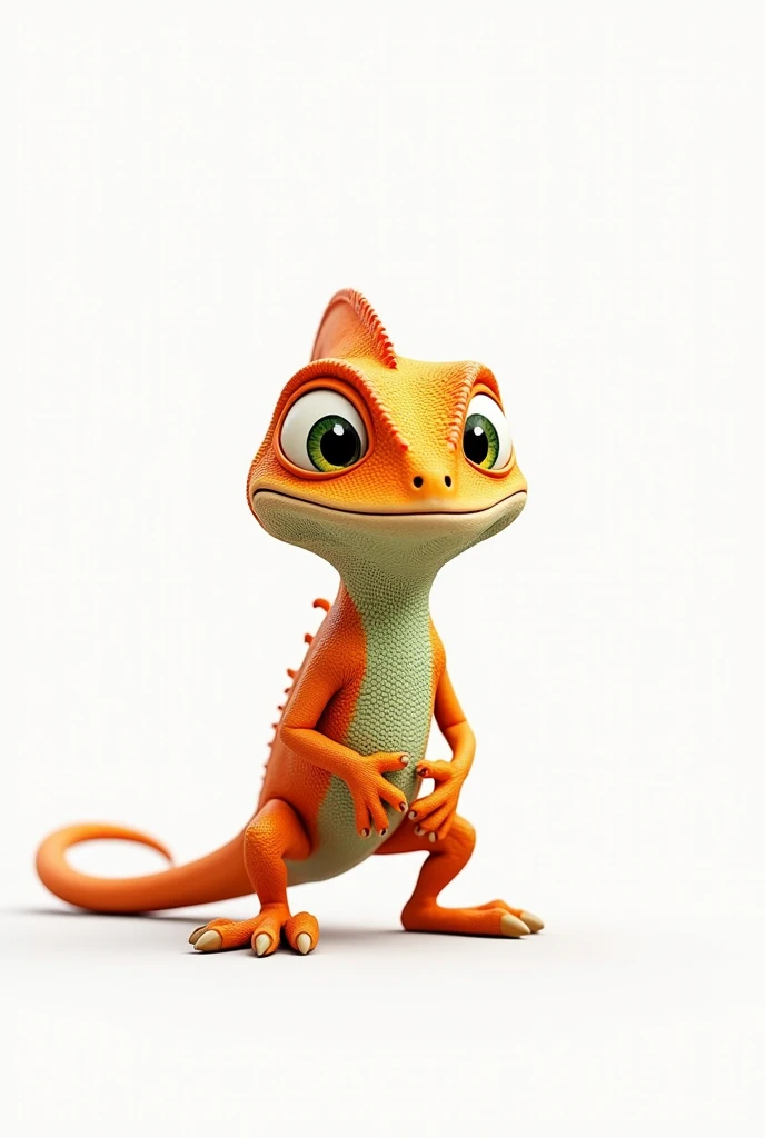 An orange chameleon with small green details with a very LARGE TAIL, standing and looking friendly. and that it is male on a white background
