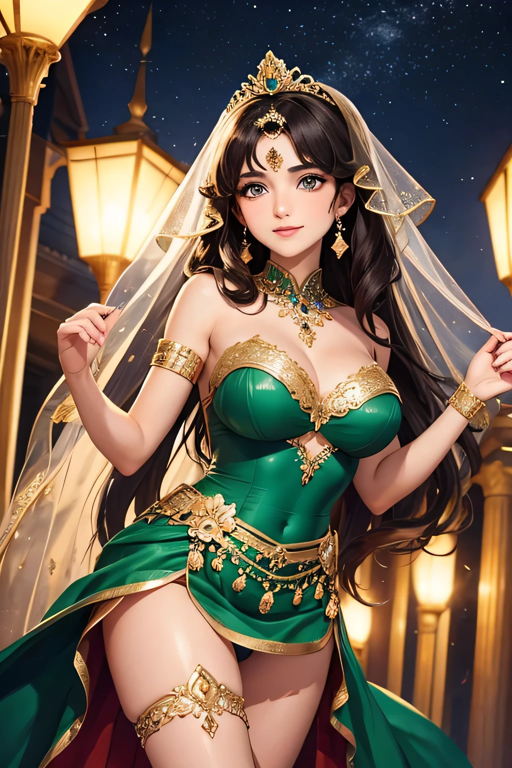 A gorgeous Middle Eastern princess with medium-length dark brown curly hair, wearing a richly decorated emerald green and gold gown, stands on a regal palace balcony under the clear, star-filled night sky. She smiles graciously and waves to the joyful crowd below. The moonlight and soft lanterns cast a warm glow on her figure, highlighting her warm skin tone and the shimmering details of her gown. The palace is elegantly illuminated, creating an enchanting atmosphere.Upper body only,(((Panty shot)))