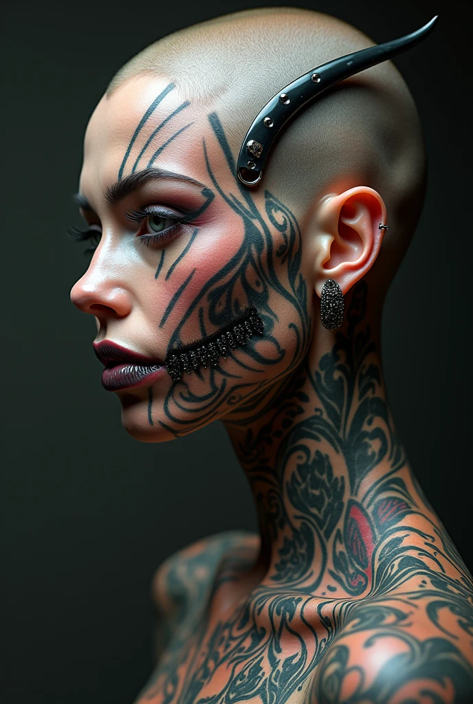 Create a young woman with this appearance: She has her skin completely covered in tattoos, every inch of it is completely covered without leaving any free space, no matter how small.; The inside of his mouth and his forked tongue are also completely tattooed, her scleras are also completely tattooed as well as her lips which are also completely tattooed. She has subdermal scale implants all over her skin, and on the head it has a pair of subdermal horns on the forehead, she also has a long pointy tail. She has many, plus many expanders on the face and many piercings on the body and some on the face, in the mouth and on the tongue. Her teeth are all made of black rhodium encrusted with black diamonds.. She is completely bald, without having any hair since childhood thanks to alopecia universalis.