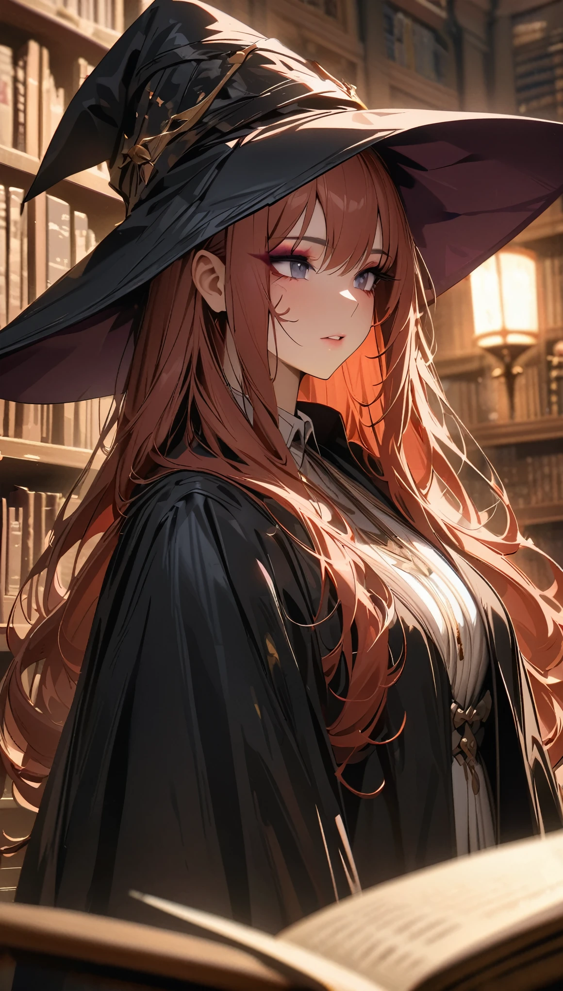 (absurd, high resolution, Extremely detailed), masterpiece, Perfect analysis, Very detailed, Super details, Delicate face, Eyeshadow, reddish hair,Long hair, Library scenery, Black robe, Witch Hat, Depth of Field, Movie Lighting, high resolution, high quality