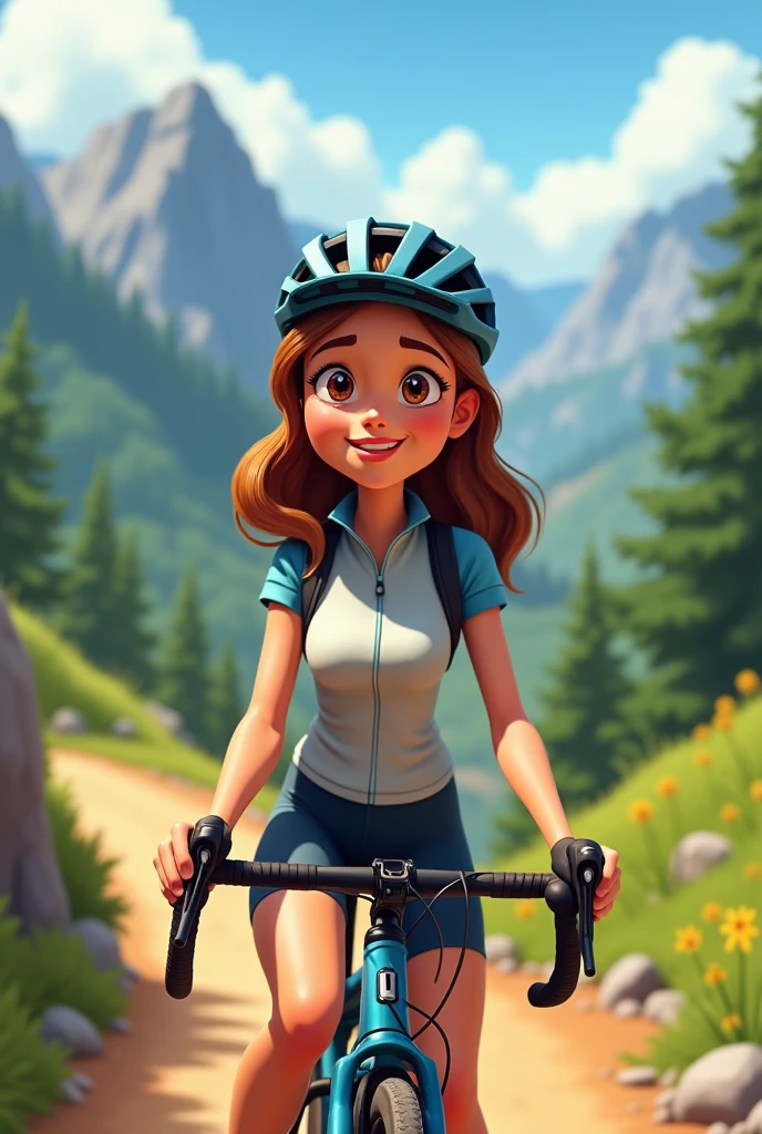 43 year old woman, who likes to ride mountain bikes, Wear professional cycling clothing , Eat lots of carrot cake too, make it like animated, brown hair color almost light brown, Brown eyes