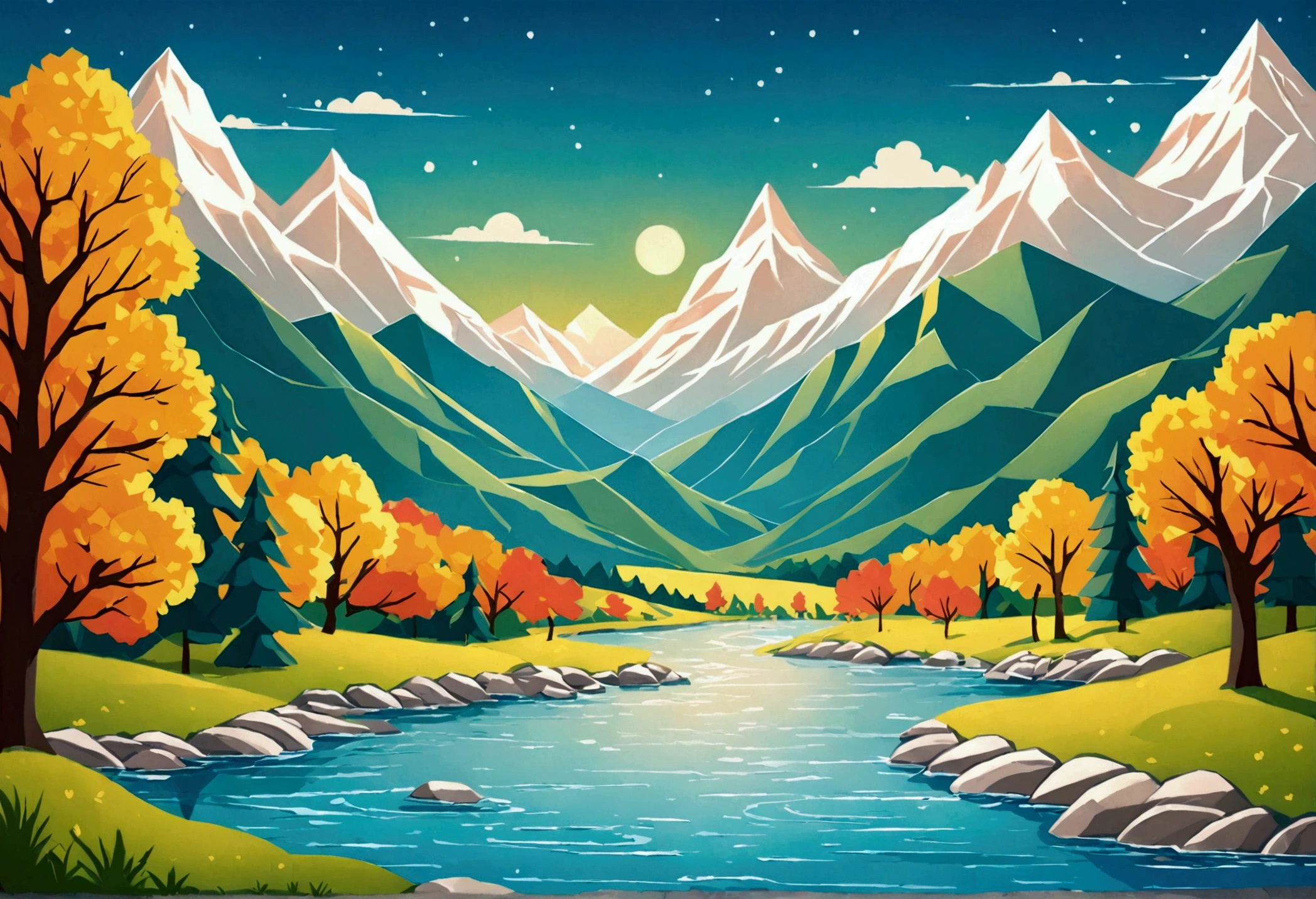 make me a picture for wallpaper, scenery wallpaper, river, Trees, and mountains in a paper-like style