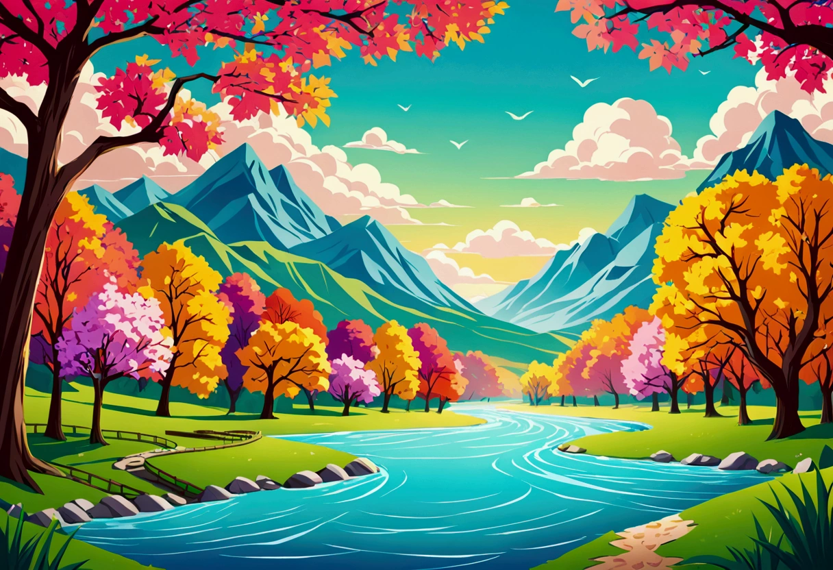 make me a picture for wallpaper, scenery wallpaper, river, Trees, and mountains in a paper-like style