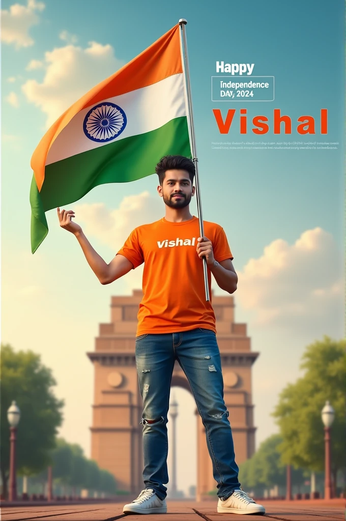 A real 20 years old boy, Wearing Orange T shirt blue jeans sneakers and the name "Vishal" is written on his t-shirt and the boy is standing on the road with holding a national flag of India, and behind him is the India gate Delhi. And "Happy Independence Day 2024" written at above sky Create Realistic image high quality.