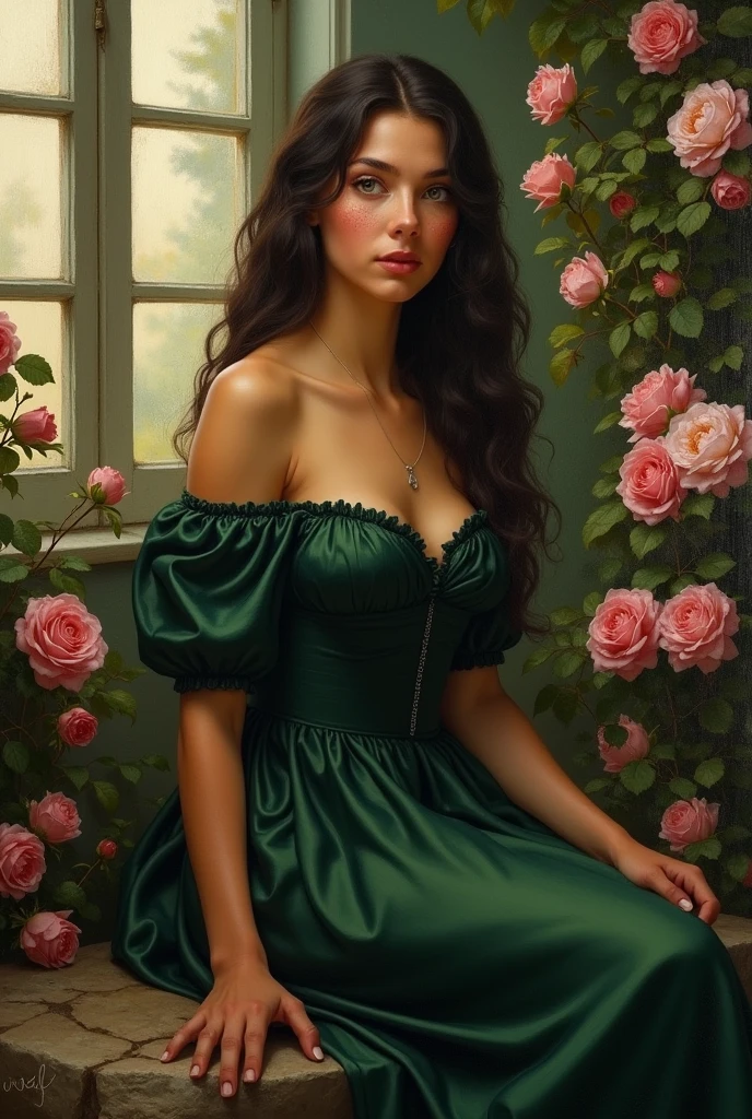 19th century painting, beautiful woman, sitting on rock, surrounded by roses, wearing victorian dark green silk dress, long wavy hair, indoors, soft lighting, plants in background, window with sunlight, dark gaze, greenish hazel eyes, tanned skin, freckles, pretty, beautiful