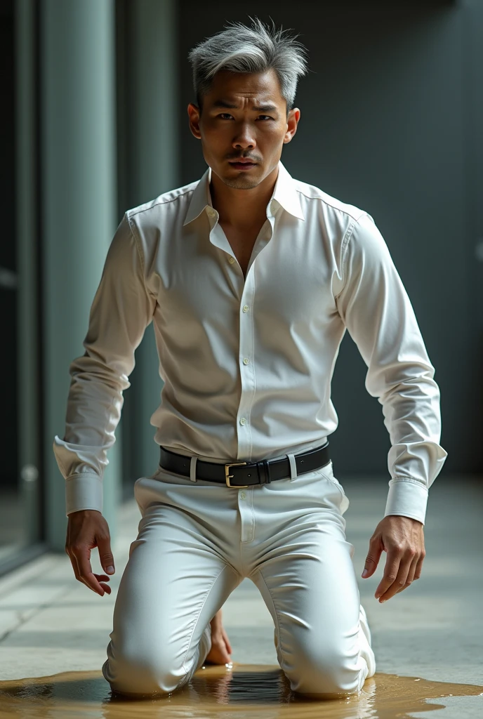 Gentleman asian 25-year-old,tight chest muscles, super tight shirt, super tight pants, bulging crotch,wet body, Transparent see through white shirt, pull off shirt,（1 Adult male），A high resolution， Sharp focus，（（Complicated details））， highly  detailed，Multi-view upper body，Suit pants view， 1 man，is shy，Pee on the legs，pissing，Urine runs down the thighs，embarressed，exhilarated，is shocked，panicking，worry，A small puddle of their own urine forms around the feet，kneels on the ground，Very eager to pee，It's uncomfortable，Wet yourself，Urine discharge， Sweaty crotch，Drenched，rain，The shirt is soaked，（A gesture of pleading），look at viewer ， Short gray hair，white  shirt，Wear a tie，Wear a belt，Black suit trousers，perspire，look from down