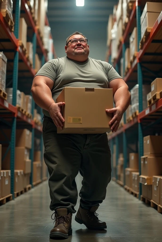 Image depicting an obese person lifting heavy boxes at work decent clothing