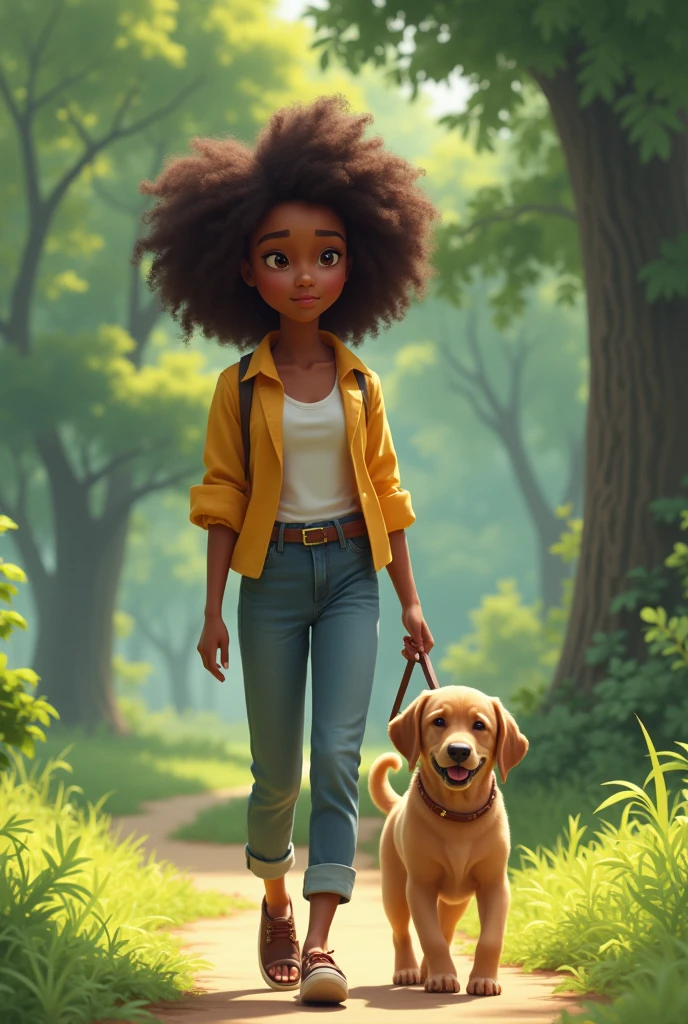 Brunette girl with curly afro hair walking a dog and a wide background of a park behind her