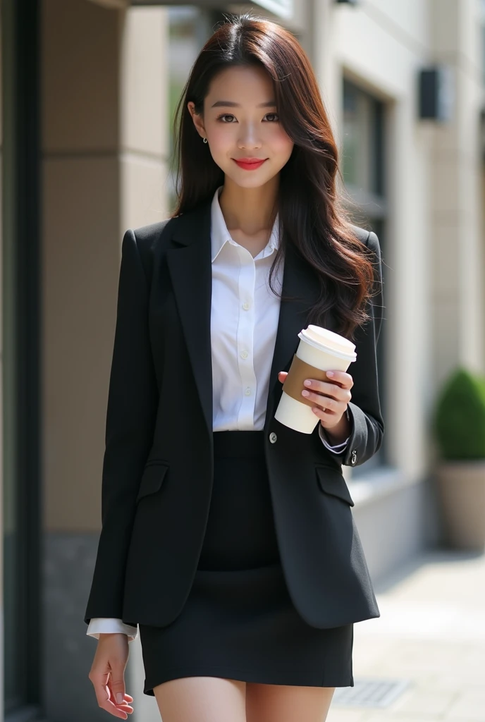 best quality, 8k, very delicate and beautiful, highly detailed face and skin texture, shiny skin, high resolution, beautiful japanese girl in suit and tight skirt standing in front of building, grab a coffee cup, full body, sharp focus