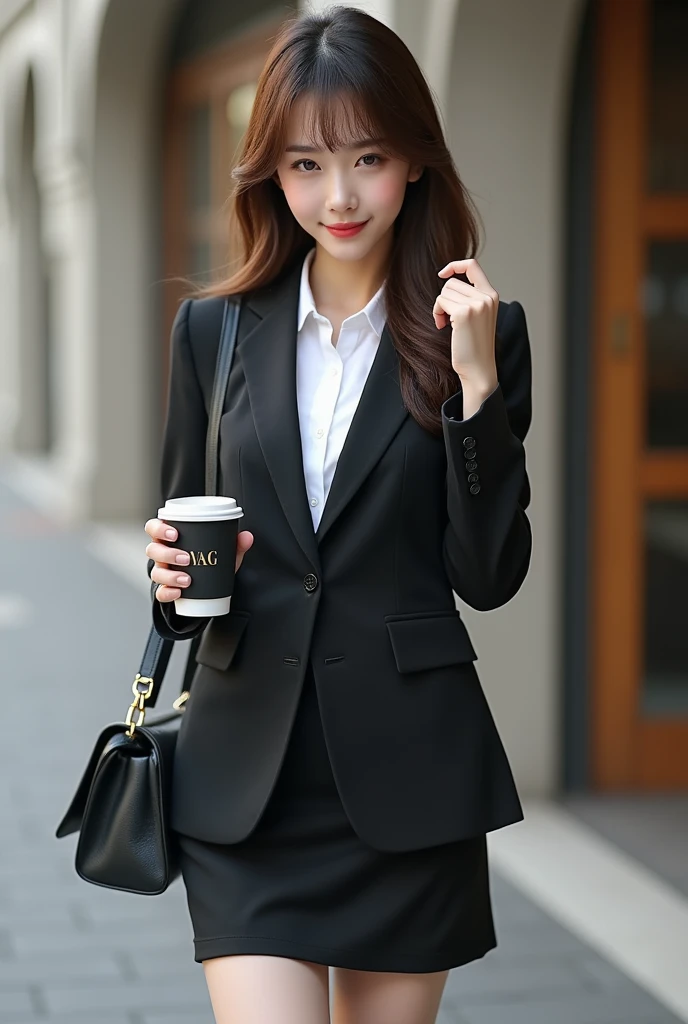 best quality, 8k, very delicate and beautiful, highly detailed face and skin texture, shiny skin, high resolution, beautiful japanese girl in suit and tight skirt standing in front of building, grab a coffee cup, full body, sharp focus