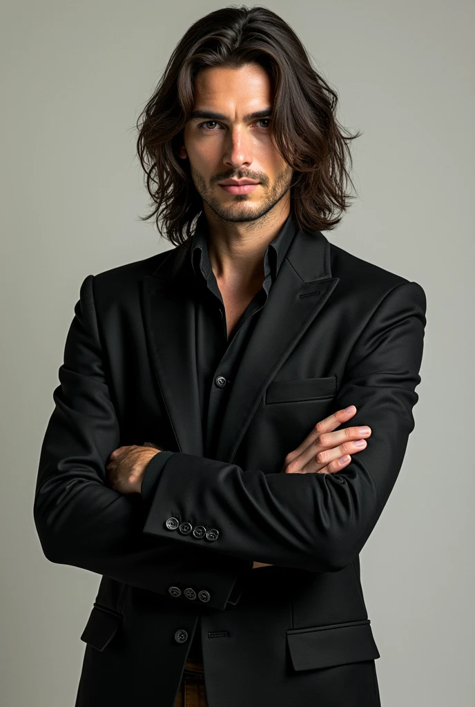 Ben Barnes, sem beard, long hair, standing with arms crossed at 20 years old, lateralized body