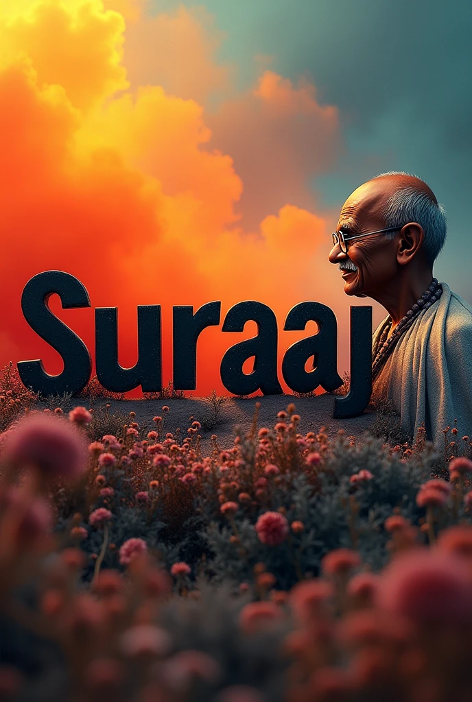 ' Suraaaj ' name  black bold letter display image, mix colour background, right side mahatma gandhi  