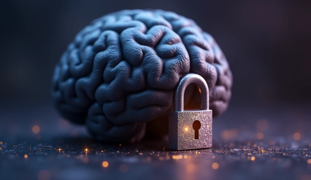 An image that captures the exact moment an intricately designed silver key approaches a lock located in the center of a human brain. The brain, represented in shades of blue and gray, has a realistic texture, highlighting its contours and details. The lock is old, with an aged finish, but it shines softly, as if it were about to be unlocked for the first time. Small particles of golden light float around the key, suggesting the activation of a new mental potential. The background of the image is hazy, with shades of purple and black, creating a mysterious environment that symbolizes the depth and unknown of the human mind.