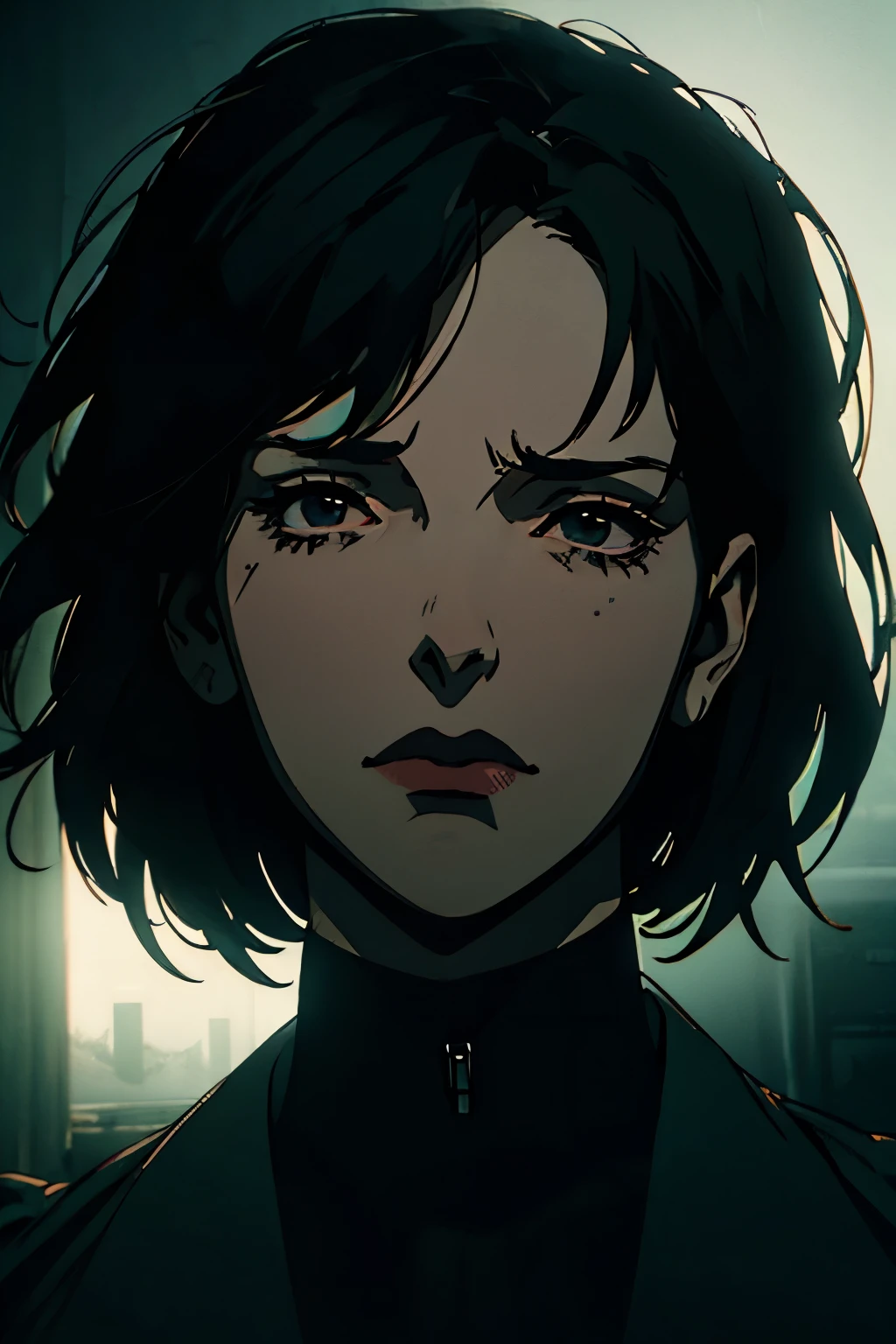 a woman with short black hair, black eyes, wearing black clothes, camouflage, coat, expressionless face, doctor, anime style, highly detailed, hyperrealistic, 8k, photorealistic, intricate details, dramatic lighting, volumetric fog, cinematic composition, chiaroscuro, moody atmosphere, muted color palette, dramatic shadows, perfect rendering, masterpiece