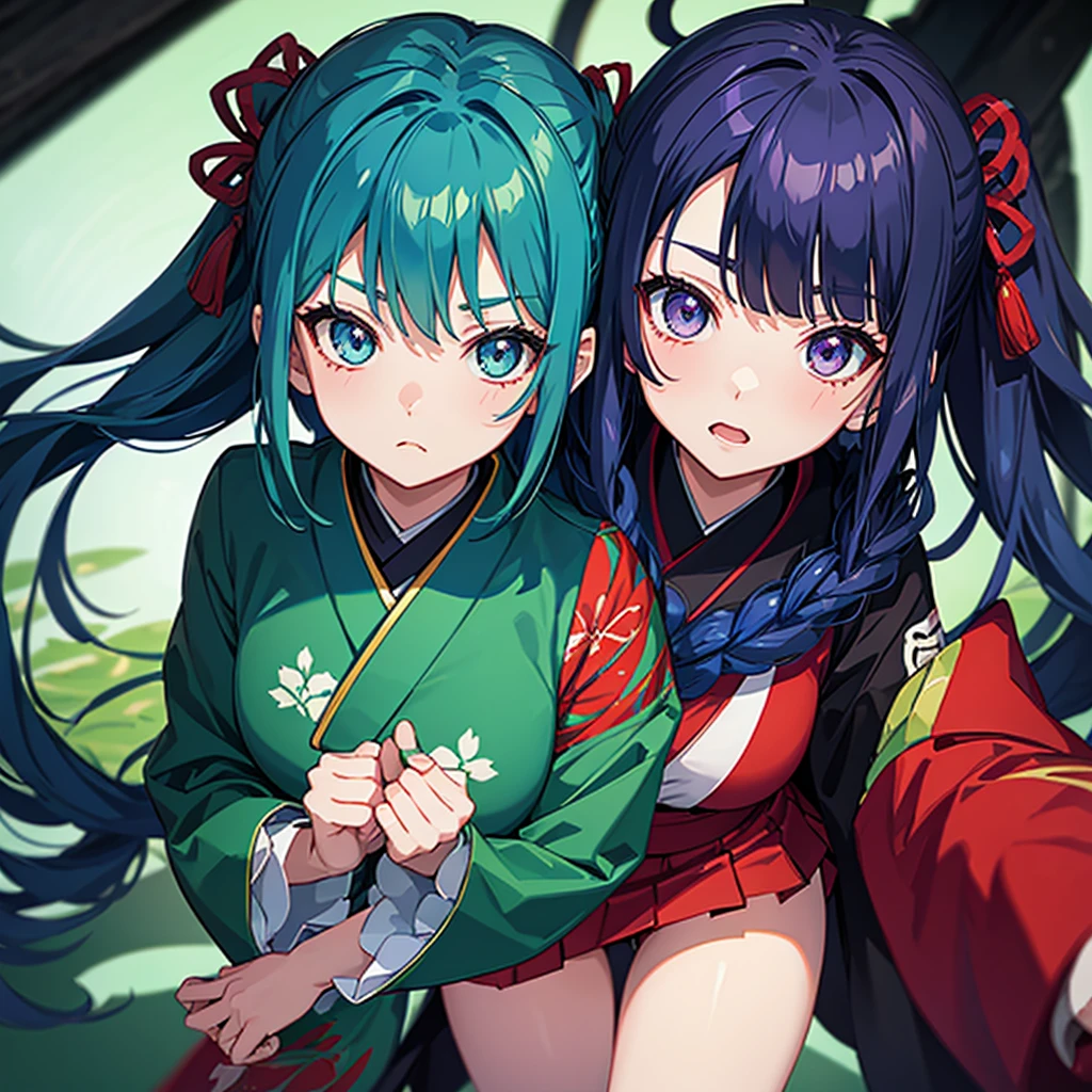 Screenshot of Kimetsu no Yaiba A girl with blue hair. green and very bright eyes. Formed body. She wears a hunter uniform with a skirt and a large blood-red kimono.