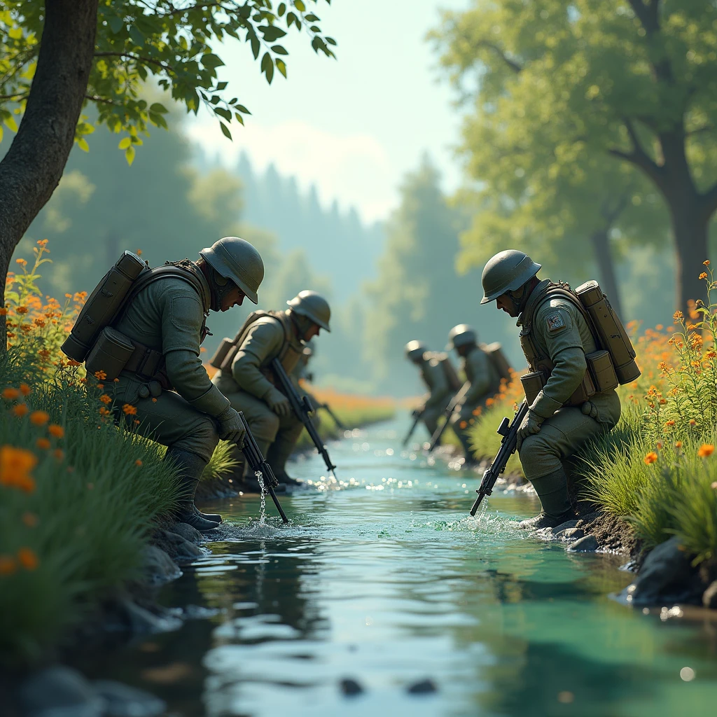 in 3d Animation style "**Resting by a stream**: A brief rest by a clear stream, with soldiers refilling their water supplies."