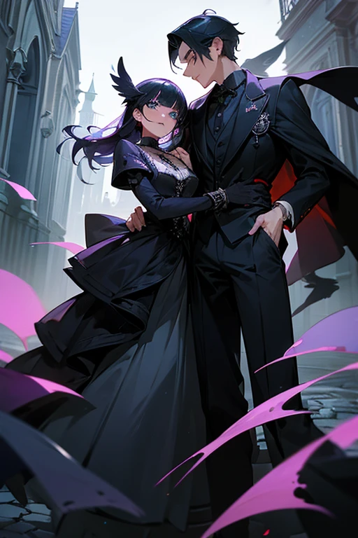 ((Best quality)), ((masterpiece)), (detailed), ((perfect face)), ((halfbody)) In the eerie twilight of a hauntingly beautiful carnival, a dashing young man with piercing blue eyes and raven hair, clad in a vintage black suit, confidently strolls along the cobblestone path. As he passes by the enigmatic booths with its that lie within the heart of this eerie wonderland. He has a pet crow on his shoulder.