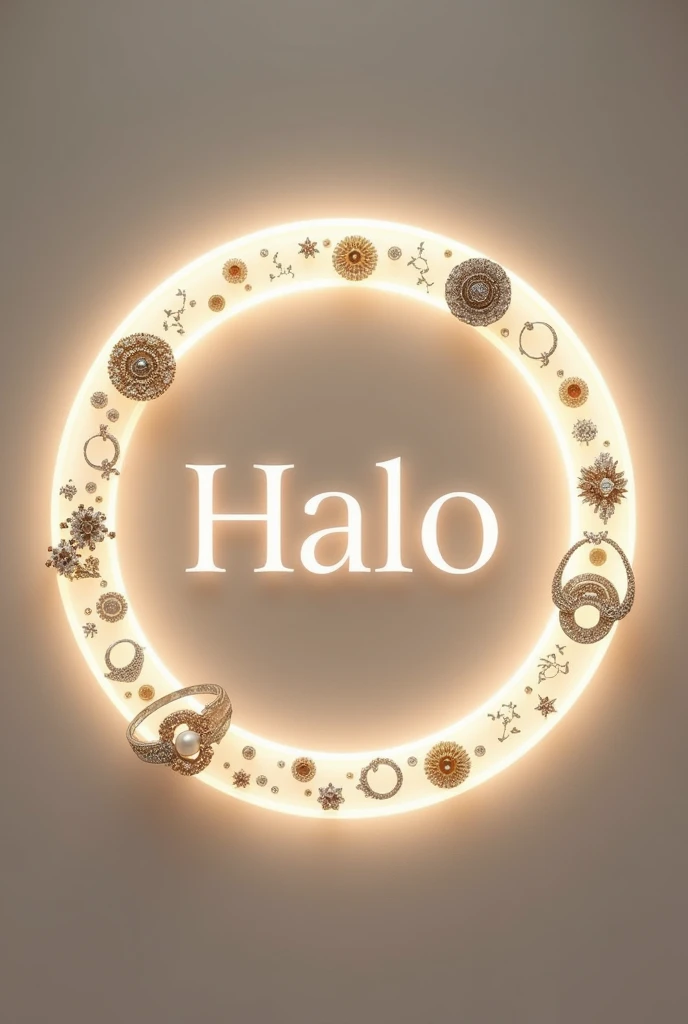 Jewelry brand logo with the name Halo that is surrounded by an arc of light in pale colors white brown black the image is circular containing necklaces rings bracelets

