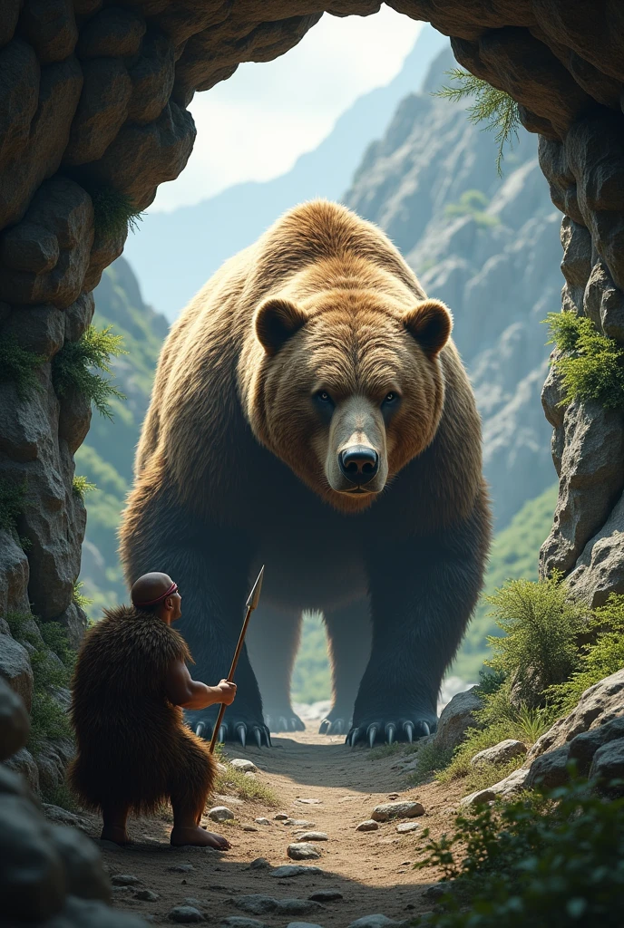 Cave bear coming out and a prehistoric man waiting for him
