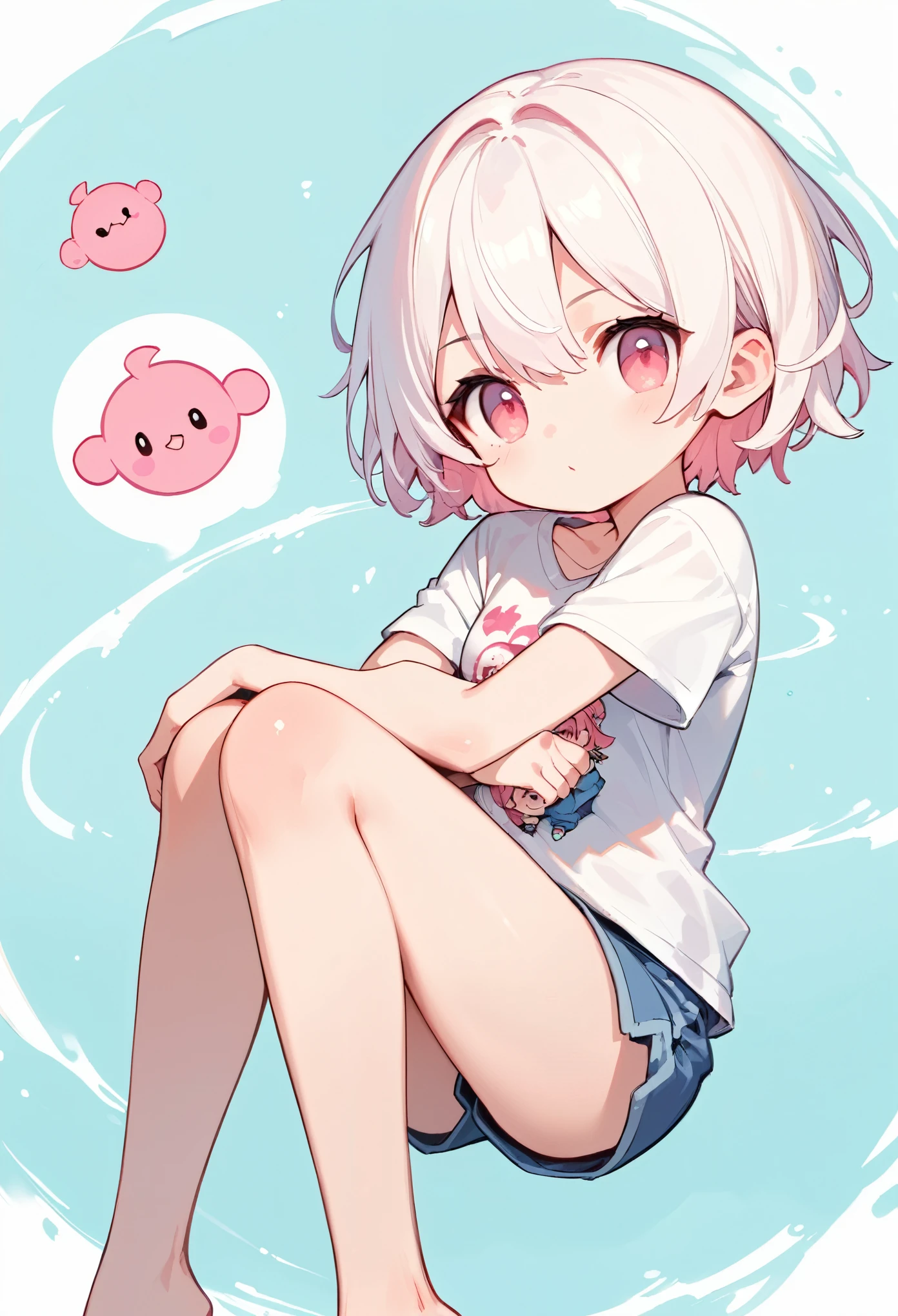 score_9, score_8_up, score_7_up,source_anime, high res image,masterpiece,best quality,girl,cute face,clear skin,chibi,white hair,short hair,pink eyes,t-shirt,inner_pink_hair,simple_background,