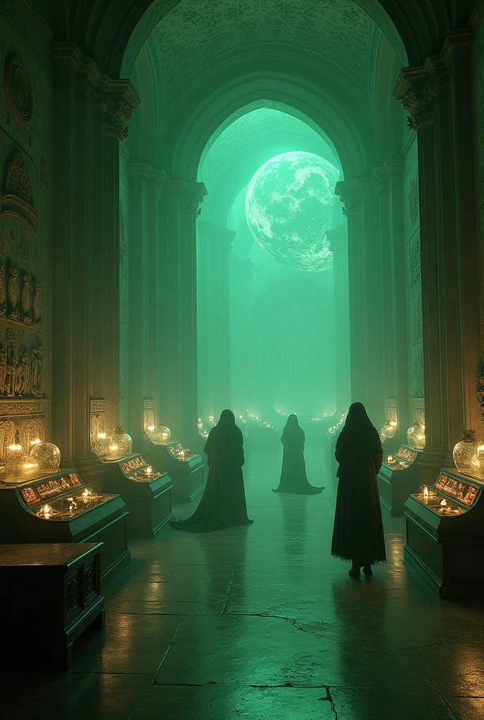 Antiquity museum of serene madness Greenish ambiance Age of fire mixed with fragments of extraterrestrial technology 