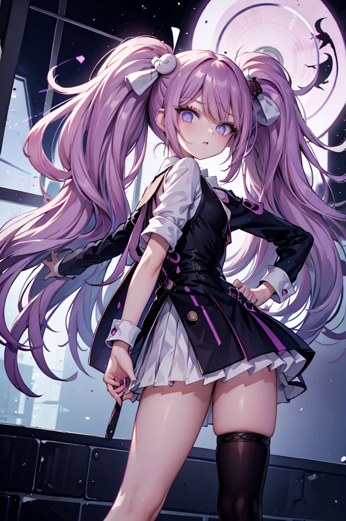 

[Hair=Long-Violet Hair and wears large black-ribbon on hair]

[Eyes=Pink]

[Outfit=wears a white dress shirt that exposes the top of my back and shoulders along with a midnight-blue jacket with pink-violet outlines that is draped over shoulders]

[Bottom/Lower-Ouftit=black, high waisted shorts and nylon tights, with a thigh garter on right leg, black boots with two different lengths: the right knee, while the left goes slightly over ankle]*