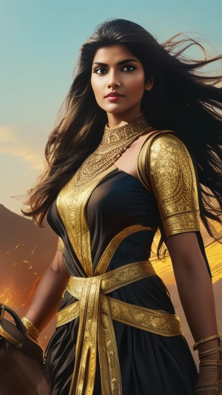 A beautiful Indian woman superhero, long dark hair, piercing eyes, high cheekbones, detailed facial features, intricate body armor with gold accents, holding a golden lasso, flying through the sky, dramatic lighting, cinematic composition, vibrant colors, epic fantasy, concept art style