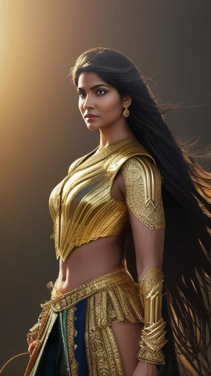 A beautiful Indian woman superhero, long dark hair, piercing eyes, high cheekbones, detailed facial features, intricate body armor with gold accents, holding a golden lasso, flying through the sky, dramatic lighting, cinematic composition, vibrant colors, epic fantasy, concept art style