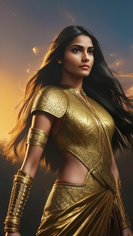 A beautiful Indian woman superhero, long dark hair, piercing eyes, high cheekbones, detailed facial features, intricate body armor with gold accents, holding a golden lasso, flying through the sky, dramatic lighting, cinematic composition, vibrant colors, epic fantasy, concept art style