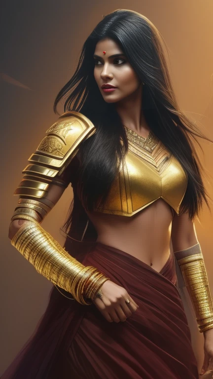 A beautiful Indian woman superhero, long dark hair, piercing eyes, high cheekbones, detailed facial features, intricate body armor with gold accents, holding a golden lasso, flying through the sky, dramatic lighting, cinematic composition, vibrant colors, epic fantasy, concept art style