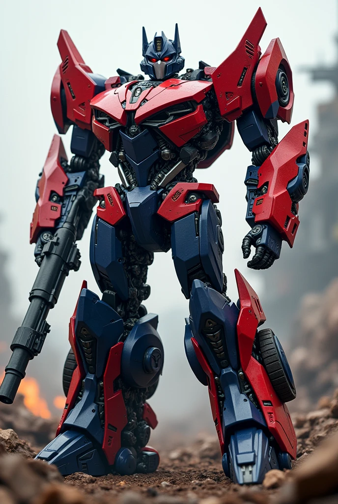 A red and dark blue Autobot capable of transforming into a Lamborghini Aventador fused with an M1126 Stryker 1/72; with a cannon in his right hand