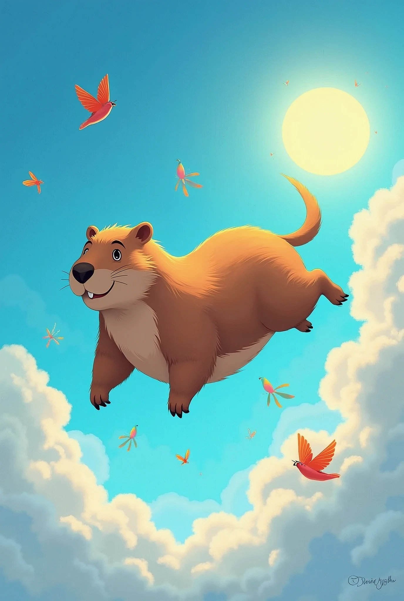 Create a detailed illustration of a capybara flying in the sky. The capybara has its typical brown, furry appearance with a relaxed and content expression. It’s soaring through a bright, blue sky filled with fluffy white clouds. The capybara is surrounded by a few colorful, whimsical birds and maybe a pair of playful butterflies. The scene includes a sun shining brightly from one corner, casting a warm and cheerful light. The background is vibrant, with a gradient from light blue to deeper blue as it extends further into the distance. The capybara should look like it’s having a joyful and carefree experience, with its legs and ears flapping gently in the wind