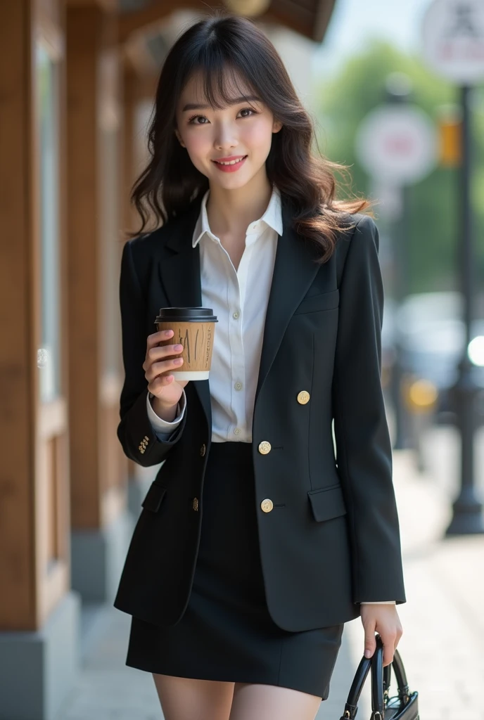 best quality, 8k, very delicate and beautiful, highly detailed face and skin texture, shiny skin, high resolution, beautiful japanese girl in suit and tight skirt standing in front of building, grab a coffee cup, full body, sharp focus