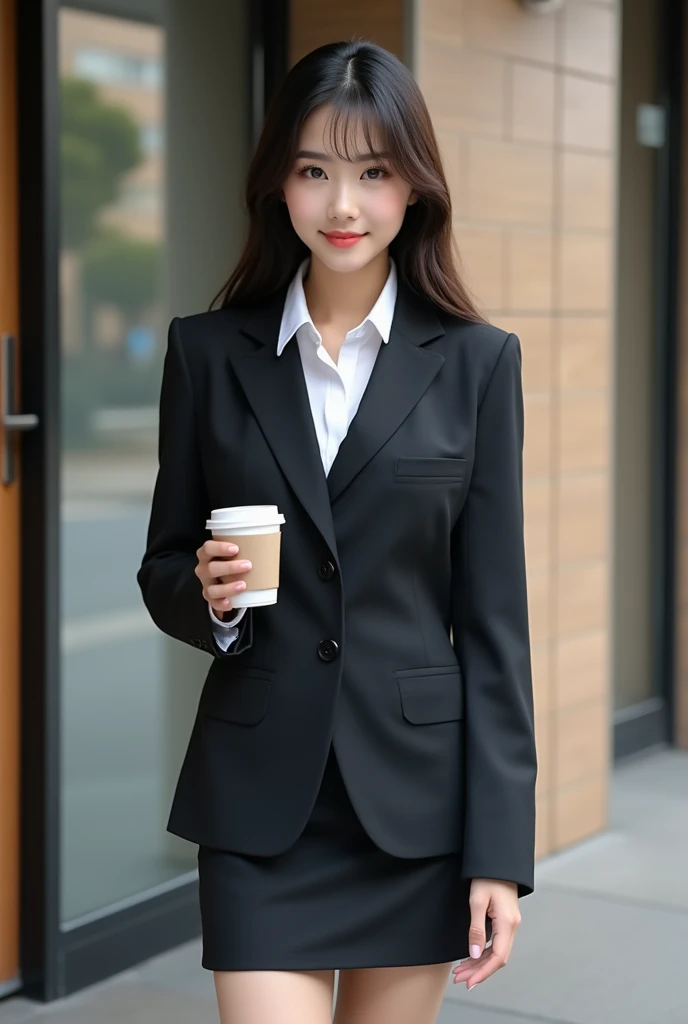 best quality, 8k, very delicate and beautiful, highly detailed face and skin texture, shiny skin, high resolution, beautiful japanese girl in suit and tight skirt standing in front of building, grab a coffee cup, full body, sharp focus