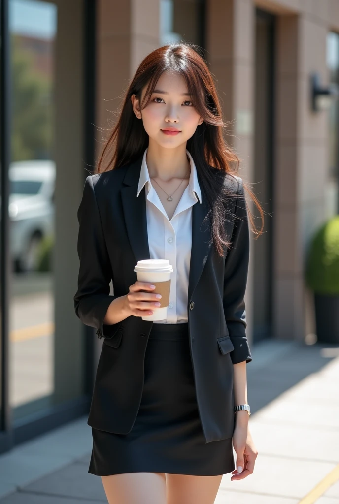 best quality, 8k, very delicate and beautiful, highly detailed face and skin texture, shiny skin, high resolution, beautiful japanese girl in suit and tight skirt standing in front of building, grab a coffee cup, full body, sharp focus