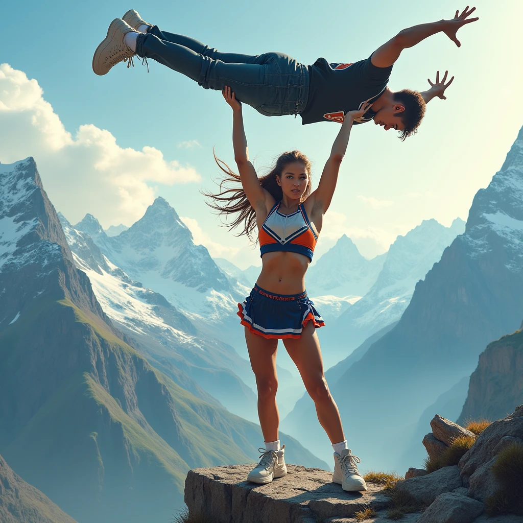 Beautiful teen girl lifting a man high over her head with her strong arms. She is standing on a cliff with tall Mountains in the background. She is dressed in sexy cheer attire.