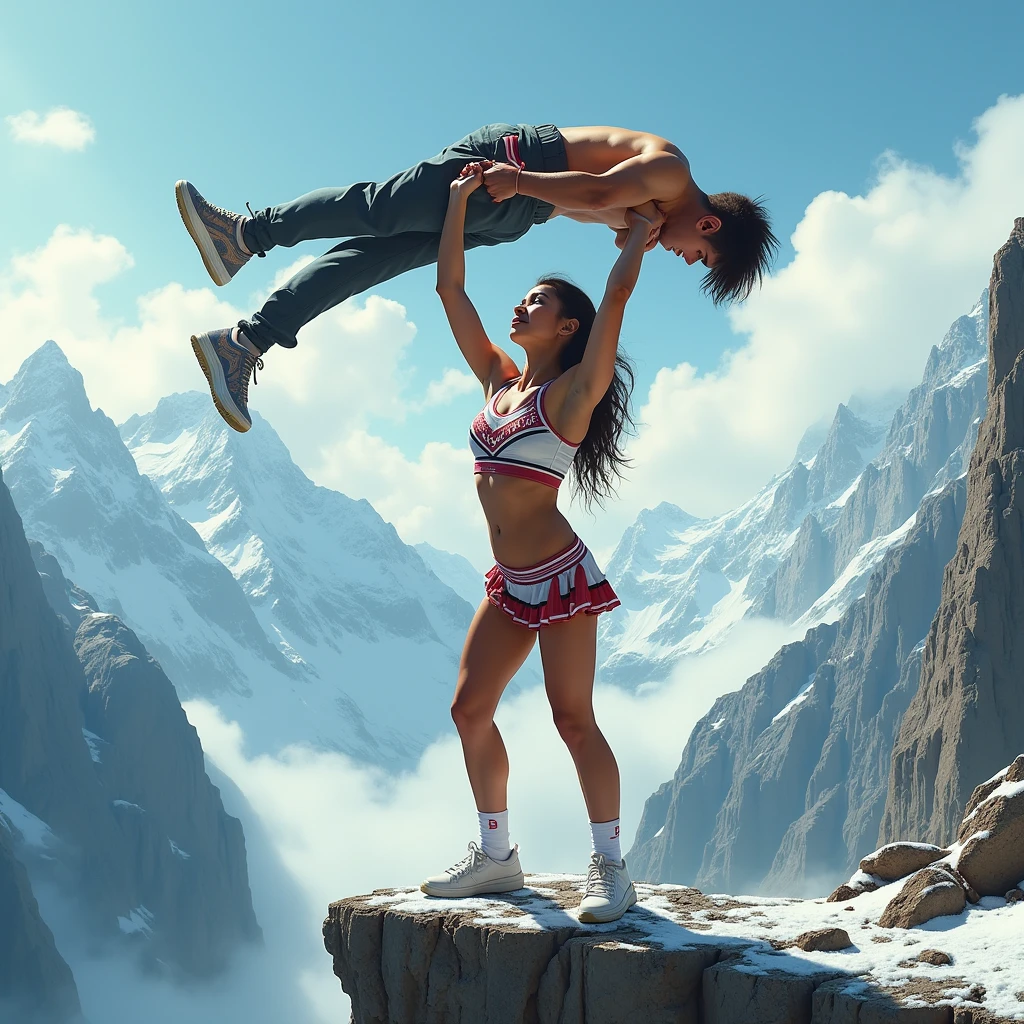 Beautiful teen girl lifting a man high over her head with her strong arms. She is standing on a cliff with tall Mountains in the background. She is dressed in sexy cheer attire.