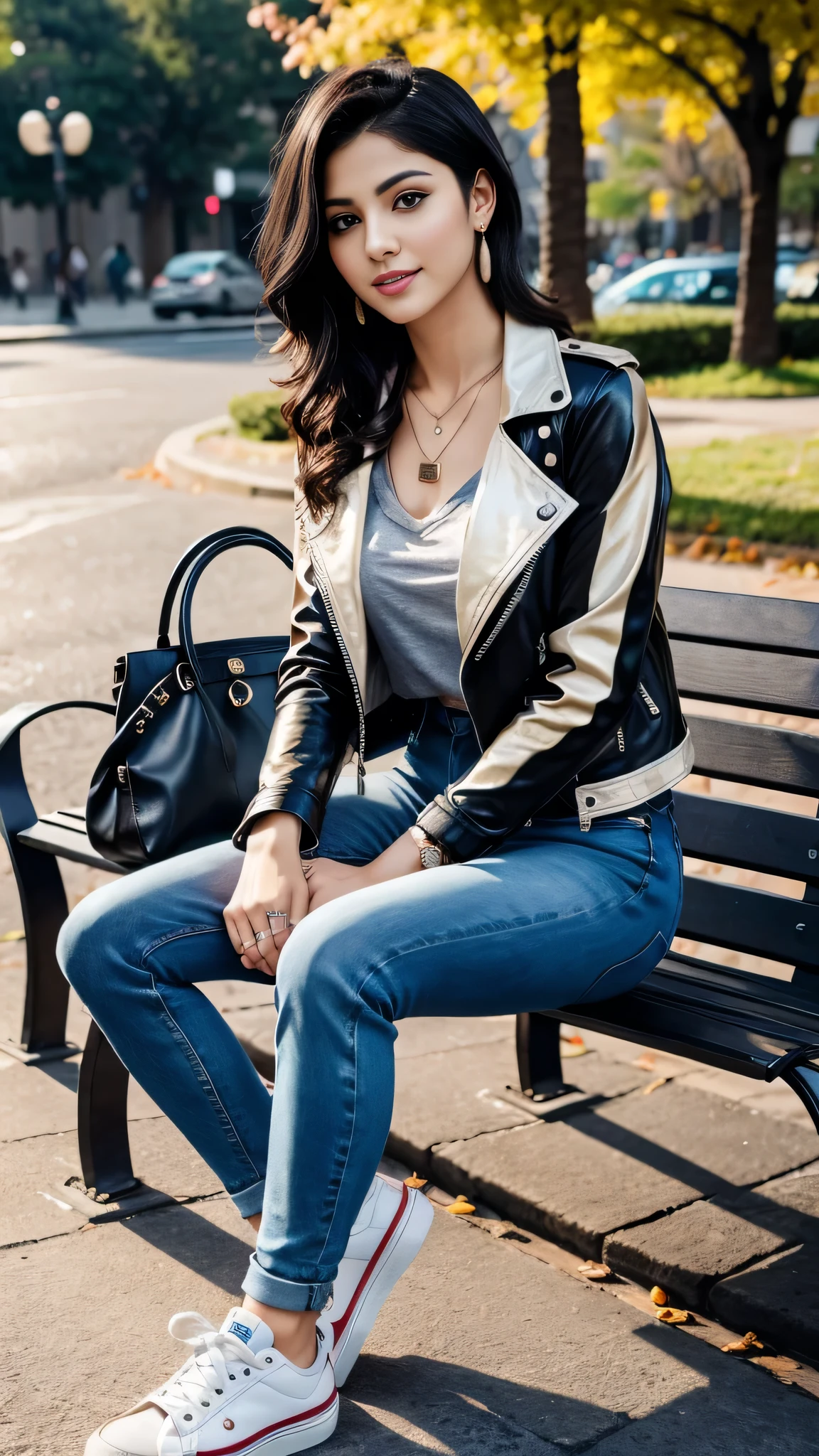 Super Resolution、Beautiful Iranian women、Full body photo、sitting on a park bench、Black Hair、Short Haircut、Wavy Hair、ear piercing、necklace、leather jacket、shirt、Skinny jeans、sneakers、Closed mouth smile、