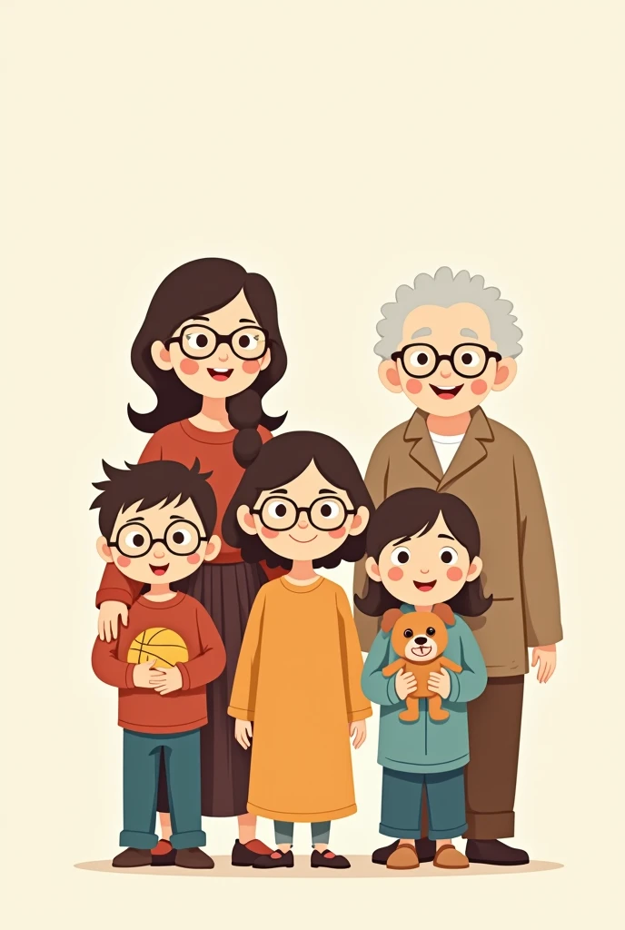 Image of a mom with glasses , an older brother without glasses with a ball.
A middle sister with glasses carrying a dog A small younger brother A grandmother.
 Stick figure cartoon 