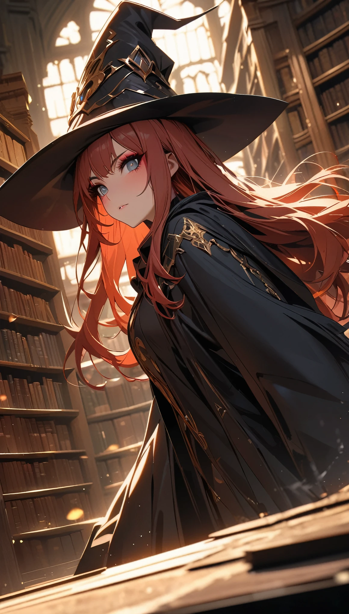 (absurd, high resolution, Extremely detailed), masterpiece, Perfect analysis, Very detailed, Super details, Delicate face, Eyeshadow, reddish hair,Long hair, Library scenery, Black robe, Witch Hat, Depth of Field, Movie Lighting, high resolution, high quality