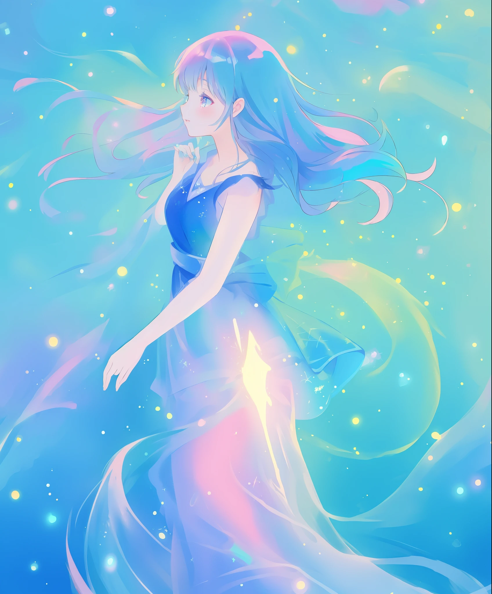beautiful anime girl in colorful liquid dress, vibrant pastel colors, (colorful), profile, magical lights, sparkling lines of light, inspired by Glen Keane, inspired by Lois van Baarle, disney art style, by Lois van Baarle, glowing aura around her, by Glen Keane, jen bartel, glowing lights! digital painting, flowing glowing hair, glowing flowing hair, beautiful digital illustration, fantasia background, whimsical, magical, fantasy, beautiful face, ((masterpiece, best quality)), intricate details, highly detailed, sharp focus, 8k resolution, sparkling detailed eyes, liquid watercolor