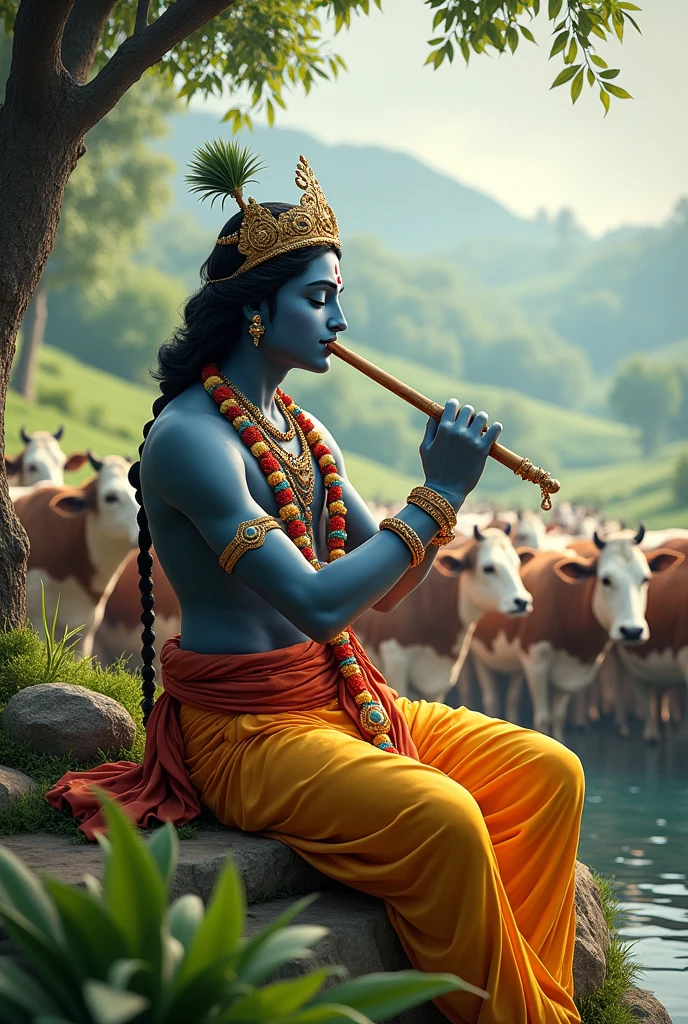 Lord Krishna playing the flute, surrounded by cows and a serene landscape"