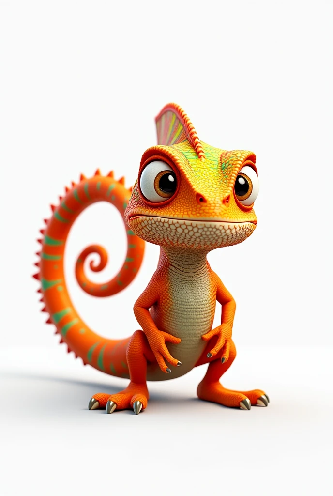 An orange chameleon with small green details with a very LARGE TAIL, standing and looking friendly. and that it is male on a white background